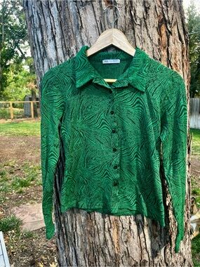 Zara Green Black Marbled Collared Button-Front Knit Top Sz M